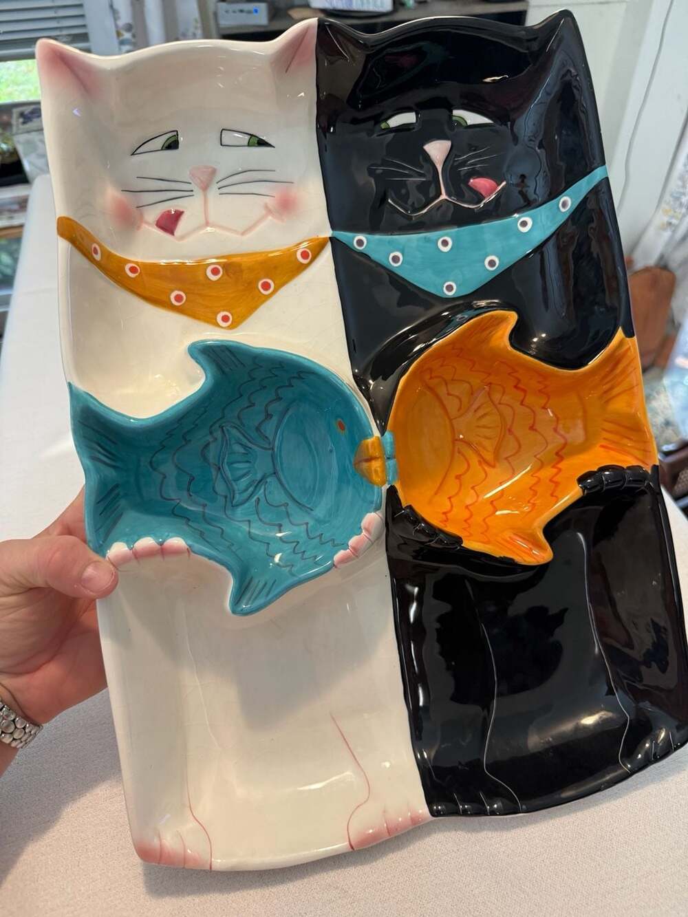 Vintage 1999 Clay Art Cat and Fish Chip and Dip Serving Platter